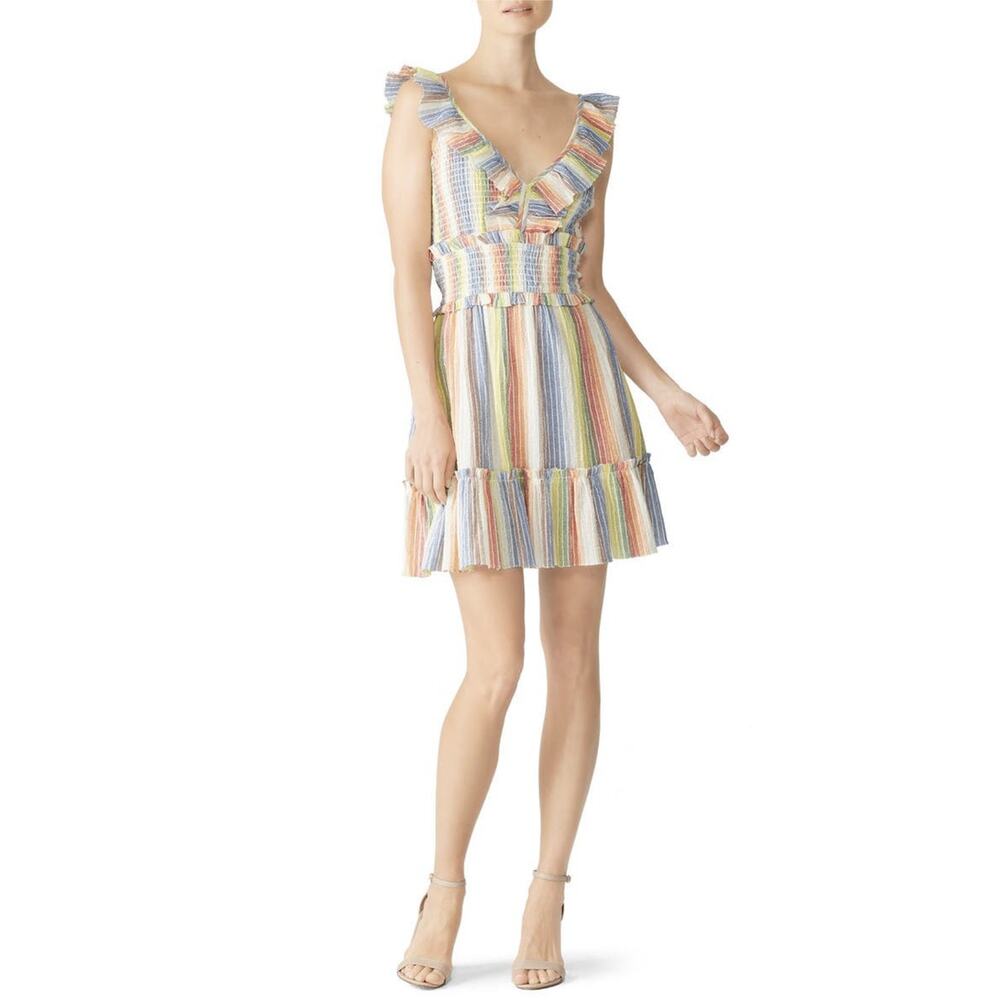 Saylor Alma Multicolor Striped Ruffled‎ V-Neck Sleeveless Mini Dress Size S